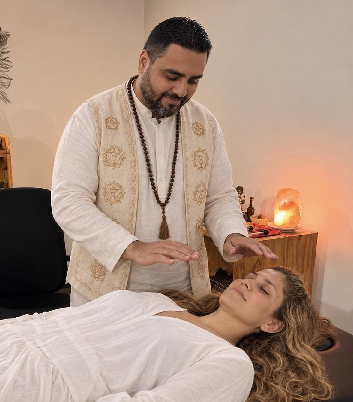 Sergio realizando Reiki a Mabel en la camilla del consultorio, con las manos sobre su cabeza.